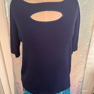 Navy Ribbed Knit Top with Front Keyhole